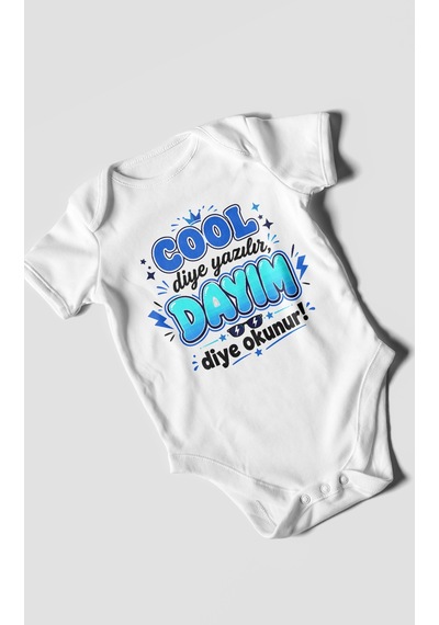 Morivokids Cool Diye Yazılır Dayım Diye Okunur Kısa Kollu Bebek Body %100 Pamuk Beyaz