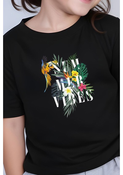 Fyk Kids Kız Çocuk Basic Summer Papağan Baskılı T-shirt Siyah