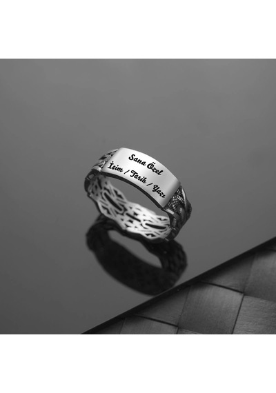 İpek Silver 925 Ayar Gümüş Motifli Üstü Kişiselleştirilebilir Erkek Yüzüğü Çok Renkli