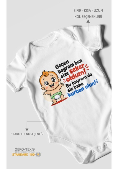 Morivokids Geçen Bayram Ben Yazılı Kısa Kollu Bebek Body %100 Pamuk Beyaz