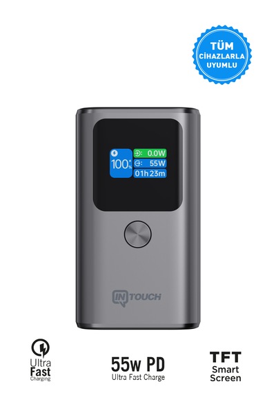 10.000mah Ultra Hızlı Şarj 55w Tft Ekranlı Powerbank - Premium Serisi Gri  -  Siyah