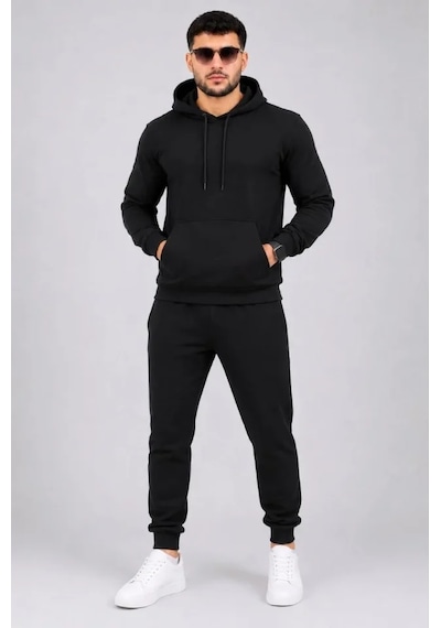 Erkek İki İplik Kapüşonlu Kanguru Cepli Sweatshirt Jogger Pantolon Alt Üst Eşofman Takımı -siyah