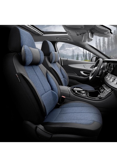 Voyager Design Boyun Ve Bel Destekli Premium Deri-keten Ultra Konforlu Universal Oto Koltuk Kılıfı Tam Set Mavi Genel
