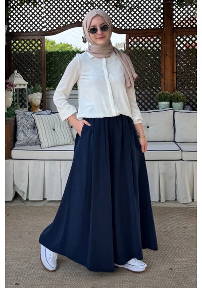 Rabia Şamlı Vera Etekli Pantolon Lacivert Normal