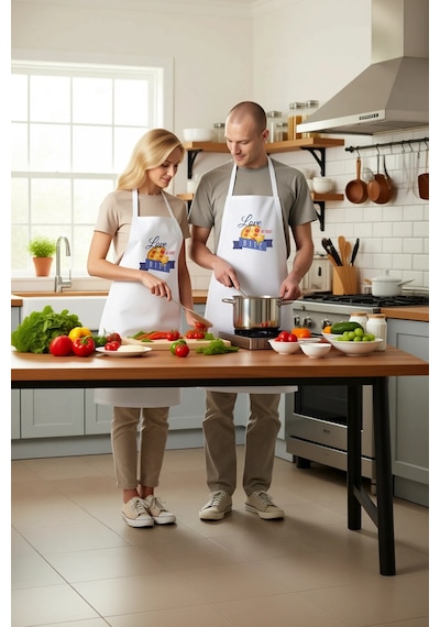 Unisex Mutfak Önlüğü Pizza Baskılı Yiyecek Temalı Rahat Kesim Gün Beyaz
