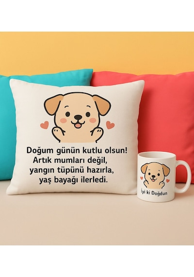 Bk Gift Kişiye Özel Sevimli Köpek Tasarımlı Beyaz Kırlent Yastık&beyaz Kupa Bardak-1, Doğum Günü Hediyesi, Arkadaşa Hediye, Sevgiliye Hediye Kobitmeye