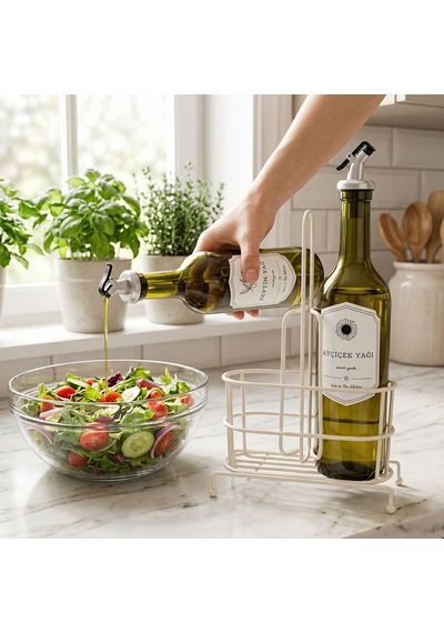 750 Ml 2 Li Yağdanlık Seti Ve Beyaz Metal Stand, Zeytinyağı Ayçiçek Yağı Şişesi, Sızdırmaz Kapaklı Cam Yağlık Sirkelik, Dökme Başlıklı Mutfak Yağlık Sosluk Takımı Çok Renkli