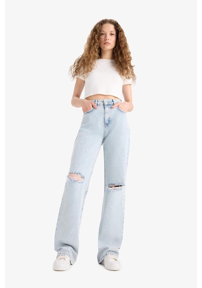 Defacto Straight Wide Yırtık Detaylı Yüksek Bel Uzun Jean Yıkamalı Pantolon E8016ax25smnm39 Mavi