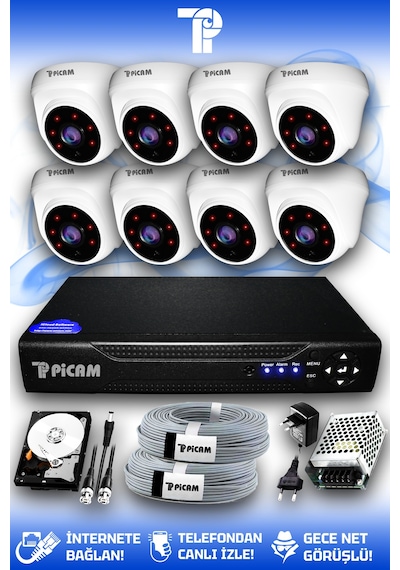 Picam 8 Kameralı Dome 8 İç Kamera Set 2 TB HDD Full HD Gece Görüşlü Güvenlik Kamerası Sistemi