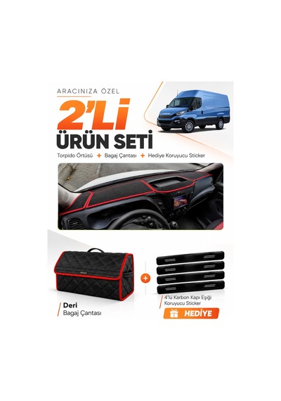 Iveco Daıly 2015-2021 Uyumlu Torpido Örtüsü + Deri Bagaj Çantası + Sticker Seti - Siyah Kırmızı
