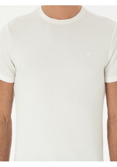 Beyaz Slim Fit Çizgi Dokulu Bisiklet Yaka T-shirt 15841036