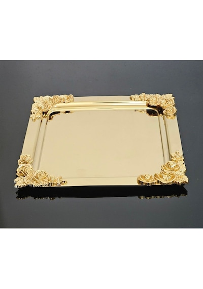 Atabey Home Collection 2'li Kahve & Çay & Sunum Tepsisi Metal Döküm Kare Gold Tepsi Gül Model