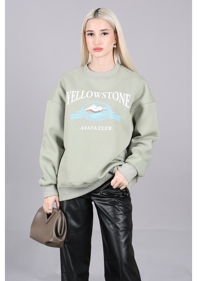 Mint Yeşili Bisiklet Yaka Baskılı Sweatshirt Mg1571