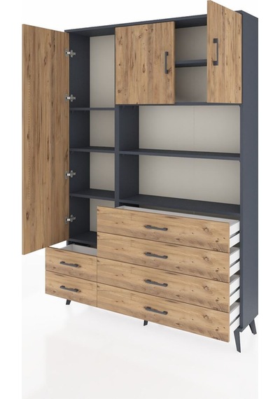 Arges Dolap 8 Raflı 6 Çekmeceli 3 Kapaklı 132x30x195 Antrasit-çam/çam Atlas Çam/atlas Çam