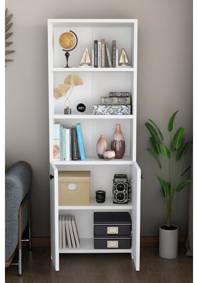 Kapaklı Çok Amaçlı Salon Dolabı 150x50x22 Cm Raflı Kitaplık Dekoratif Depolama Ünitesi Beyaz