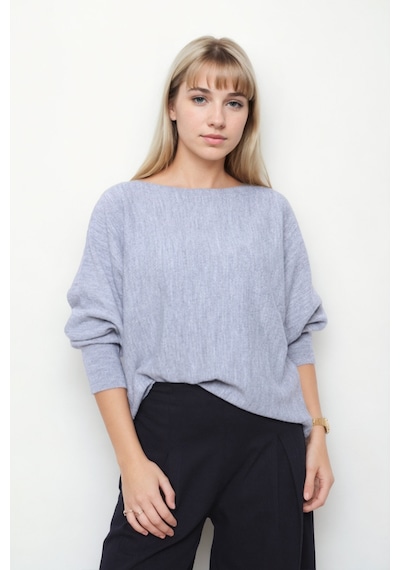 Vitrin Geniş Yaka Yarasa Kol Oversize Triko Bluz Gri