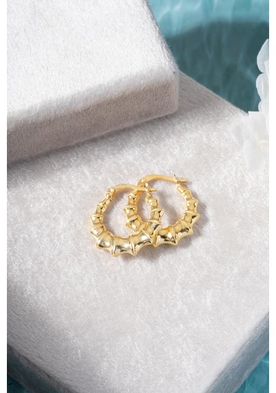 925 Ayar Gümüş Gold Rengi Parçalı Çizgili Şarnel Küpe Gold