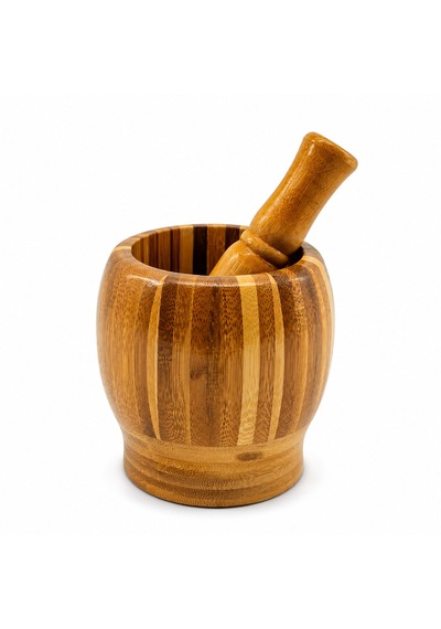Ahşap Bambu - Çizgili Havan Sarımsak Dövecek Ç: 8cm--d: 7cm--y:10.5cm Fileli Ambalaj 5250
