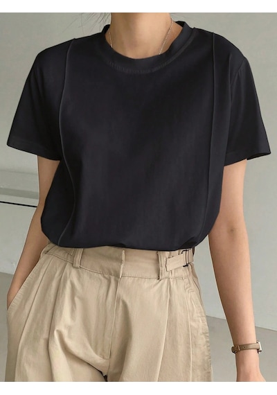 Kadın Kısa Kollu Çizgi Detaylı Basic Tişört Süprem Kumaş Yazlık Rahat T-shirt Siyah