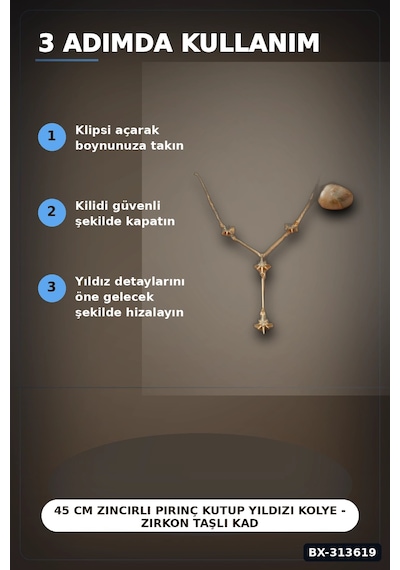 Bay 45 Cm Zincirli Pirinç Kutup Yıldızı Kolye - Zirkon Taşlı Kadın Bijuteri Takı Bx-313619 Najmaddin Standart