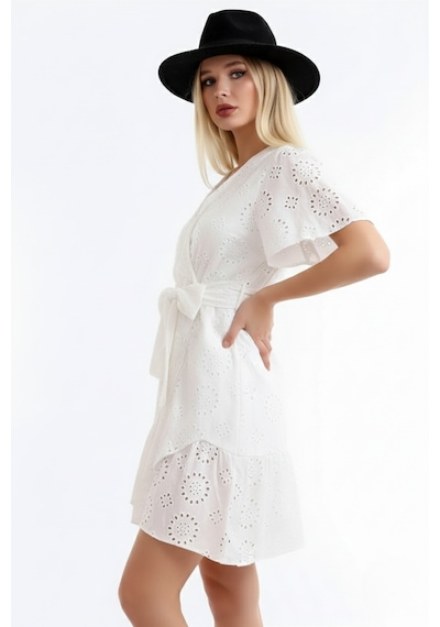 Defymoda Kadın Pamuklu Kumaş Astarlı Elbise Beyaz