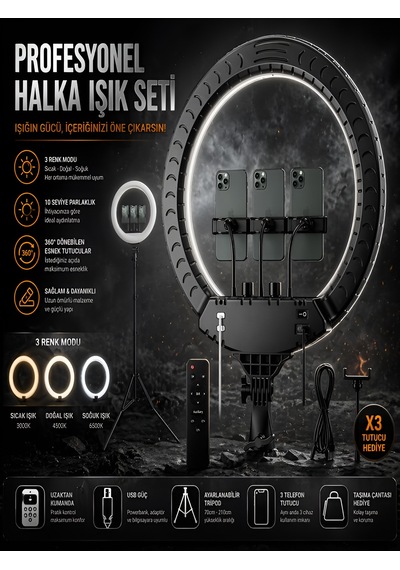 6000k 80w Led Halka Işık 56cm 360 Ayarlı 2 Usb Çıkışlı Kumandalı Fotoğraf Video Işığı Çantalı