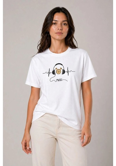 Kadın Müzik Temalı Baskılı Tişört Bisiklet Yaka Kısa Kol T-shirt - Beyaz