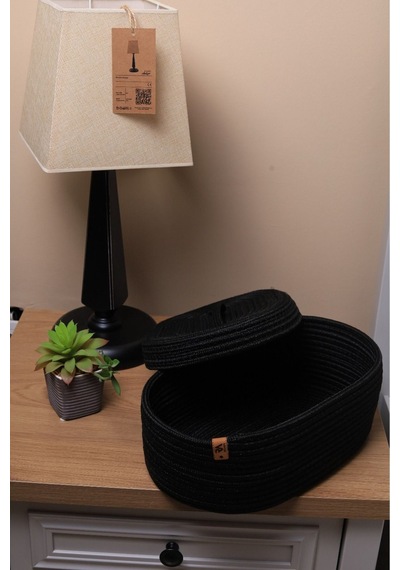 Hasır Jüt Sepet Oval Kapaklı Organizer Düzenleyici 30x20x10 Cm Açık Siyah Açık Siyah