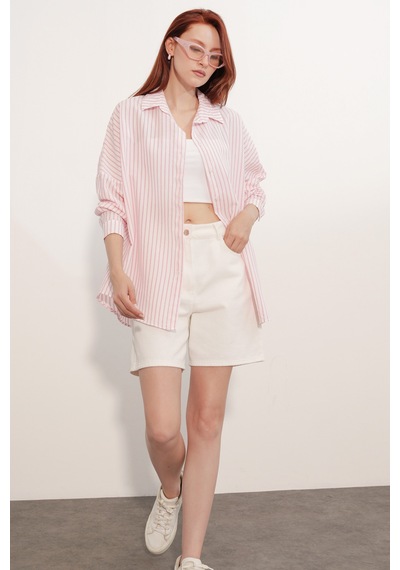 Bigdart Kadın Oversize Çizgili Gömlek 20412 - Pembe