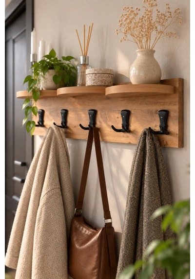 Sulorahome 5'li Duvar Askılığı Raflı Ve Kancalı Ceviz Desenli Kahverengi 80 Cm