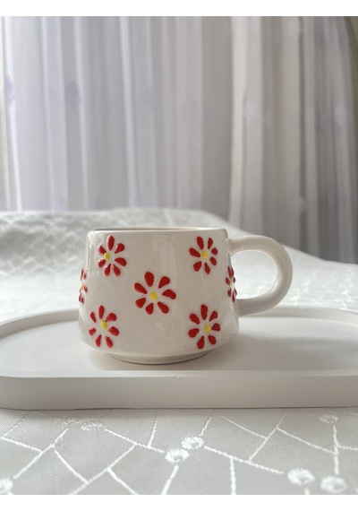 Kırmızı Papatya El Yapımı Kupa Bardak 200 Ml Kırmızı