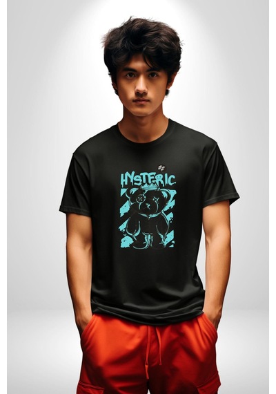 Histerik Unisex Unisex Siyah Organik Baskılı T-shirt Penye Yüksek Kalite Siyah