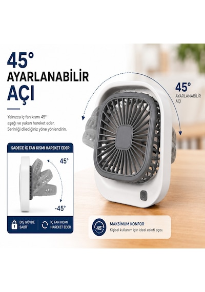 Masaüstü Mini Fan Şarjlı Sessiz Taşınabilir Fan, 3 Kademeli Hız Ayarı, 45 Ayarlanabilir Açılı Kompakt Masa Fanı, 8000 Rpm Güçlü Üfleme, Ofis Laptop Çalışma Masası İçin
