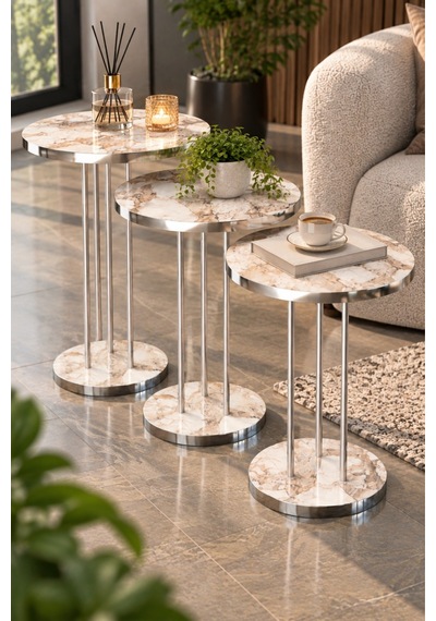 Sulorahome Gümüş Metal Ayaklı Efes Mermer Desenli 3'lü Zigon Sehpa Takımı Beyaz Mermer - Gümüş