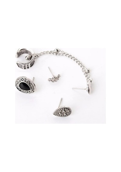 Lunarie Gümüş Kaplama Siyah Taşlı Vintage Ear Cuff Seti Küpe