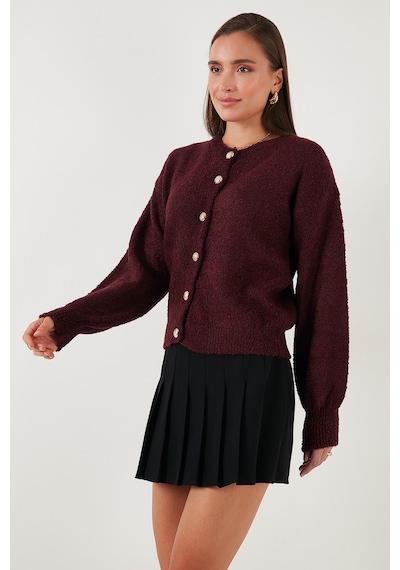 Lela Premium Regular Fit Bisiklet Yaka Yumuşak Dokulu Bayan Hırka 680Hi00147 Bordo