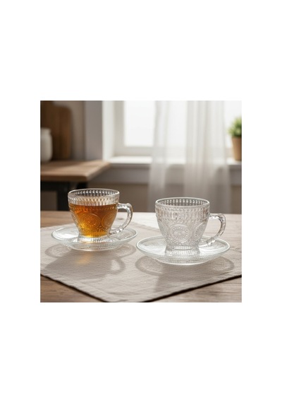 Güneş Desen Cam 6 Kişilik Tabaklı Büyük Çay Fincan Seti 6 X 210 Ml Şeffaf
