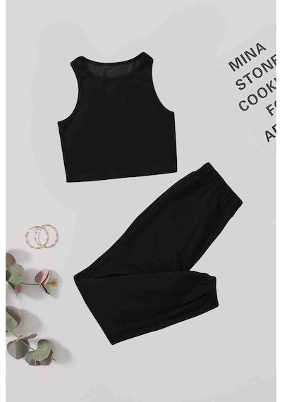 Merry See Tek Renk 1 Takım Kolsuz Polarlı Alt Üst Pijama Takımı Siyah 001