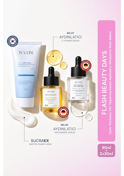 Ds V-lıne Flash Beauty Days %10 C Vitamini Aydınlatıcı Antioksi-dan Serum 30 Ml + %15 Niacinamide %5 Glikolik Asit Serum 30 Ml + Sucraex Krem 80 Ml 3'lü Set