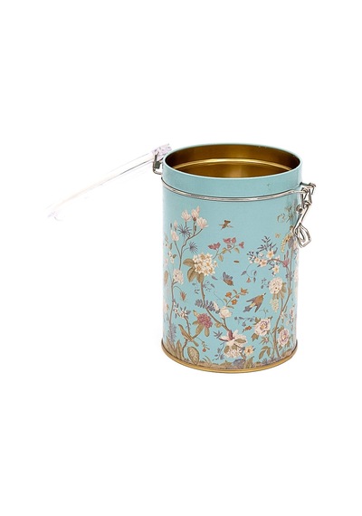 Botanica Blue Desenli Kilitli Kapaklı Yuvarlak Metal Kutu, 10.5 X 15 Cm, 1.1 Lt