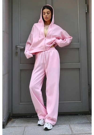 Pembe Yumuşak Dokulu Palazzo Jogger Kadın Eşofman Altı Mg2122 Pembe