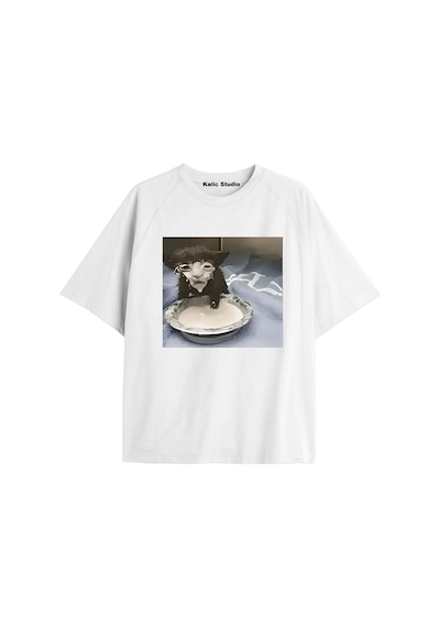 Kalic Studio Süt Yüz Komik Kedi Oversize T-shirt Beyaz