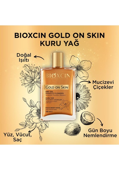 Gold On Skin Kuru Yağ Yasemin, Manolya, Hanımeli, Kalendula Ve Hindistan Cevizi Yağları İçeren Işıltı Veren Nemlendirici 100 Ml Tüm Cilt Tipleri İçin