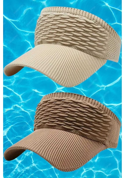 Uniquetrenders Kadın Örgü Dokulu Uv Korumalı Yazlık Vizör Şapka 2'li Set Bej - Camel