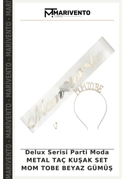 Delux Serisi Parti Moda Metal Taç Kuşak Set Mom Tobe Beyaz Gümüş Çok Renkli