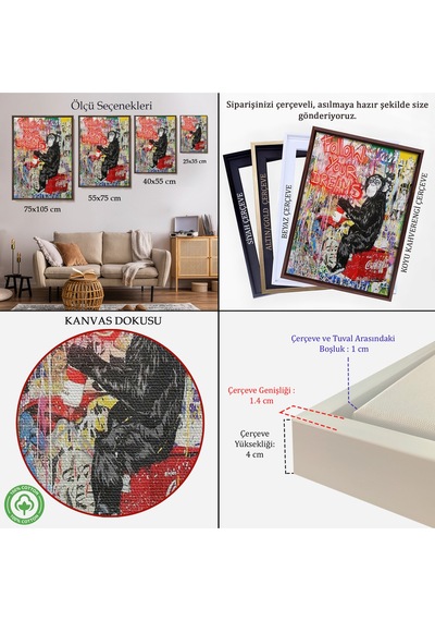 Çerçeveli Hayallerinin Peşinden Git,maymun Graffiti Posteri, Banksy Graffiti Kanvas Tablo-5304