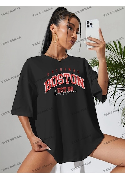 Startmore Unisex Bay Harfli Grafik Düşük Omuz Oversize Tişört Kod-1321 Siyah