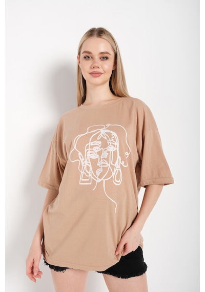 Flood Of Style Kadın Çizgili Figür Oversize Vizon T-shirt Bej