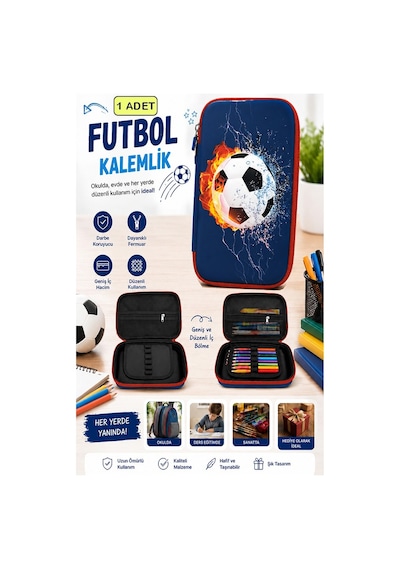 Futbol Kabartmalı Bölmeli Kalemlik 1 Adet P-6011 Erkek Çocuk Okul Kalem Kutusu 3 Boyutlu Sevimli Karikatür Hediyelik Sarı