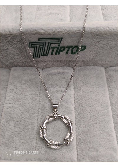 Tiptop/ Gümüş Renk Zincir Model Zirkon Taşlı Halka Kolye Gümüş